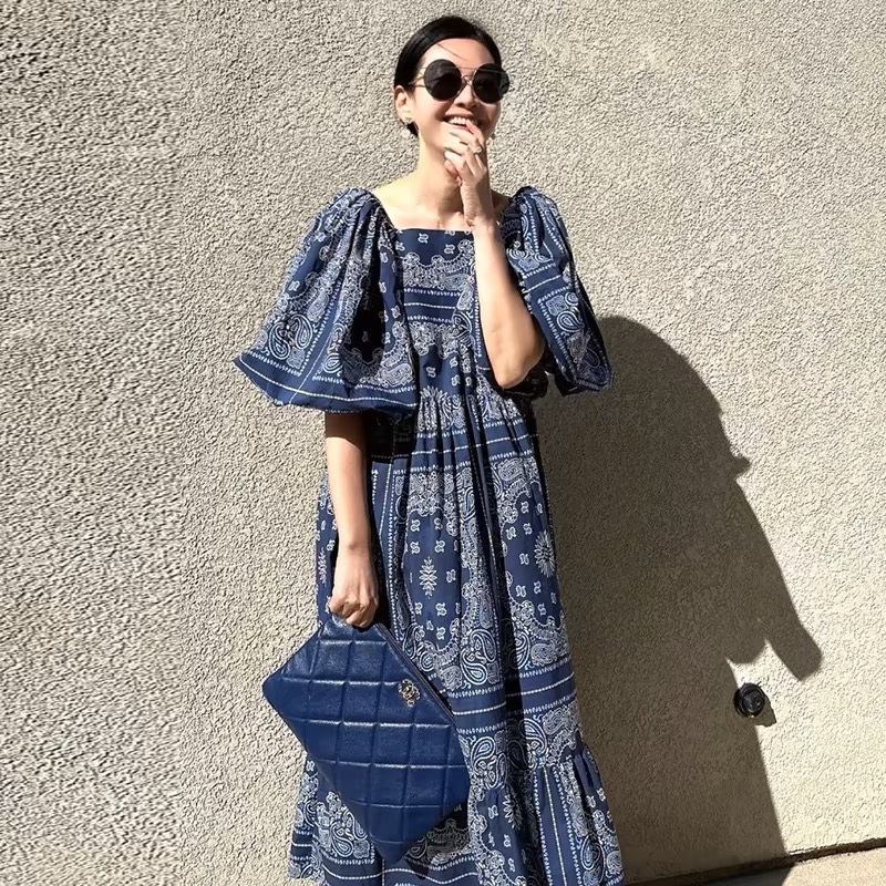 Korean 2025 summer retro lazy style square collar ethnic style printed loose casual puff sleeve dress long skirt