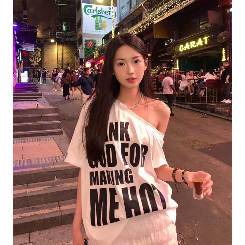 純棉 韓國chic夏季新款韓版美式字母印花斜肩寬鬆短袖t恤女上衣潮