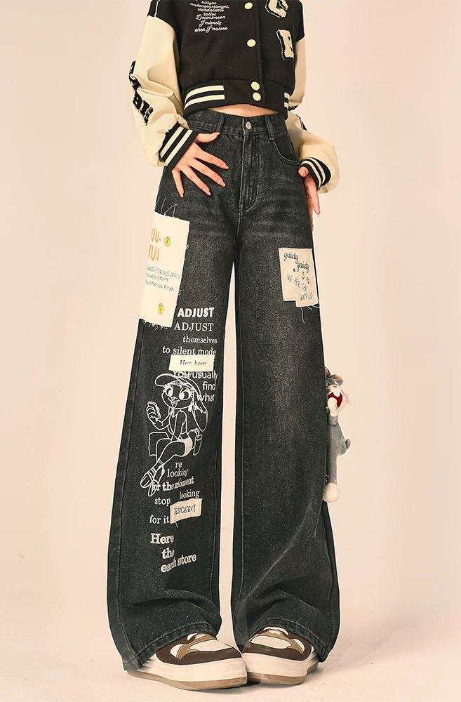 Korean black graffiti American jeans summer girlish design loose straight high waist wide-leg pants