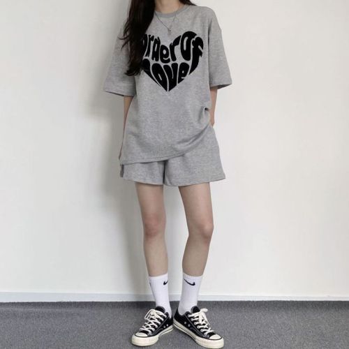 Women's Loose Fashion Youthful Short-Sleeve Korean Shorts New Casual Summer Outfit with Letters Slimming