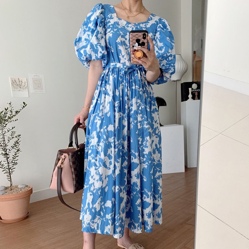 Korean chic retro slim square collar ink printing trick backless lace loose lantern sleeve dress for women