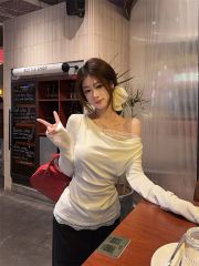 260g cotton T-shirt lace splicing collar long sleeve pleated slim design pure base top