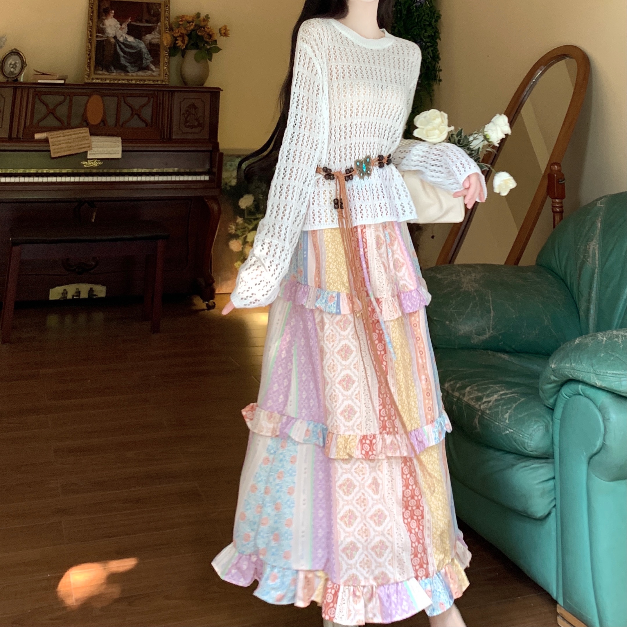 復古印花半身裙女春夏2025新款設計感小眾高腰顯瘦花邊A字中長裙