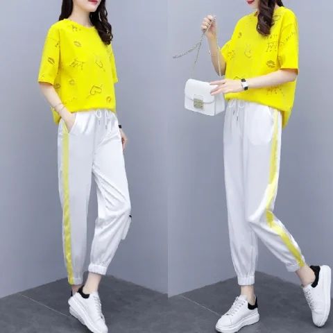 天貓質量 人棉休閒套裝女夏大碼女裝洋氣寬鬆顯瘦兩件套女潮