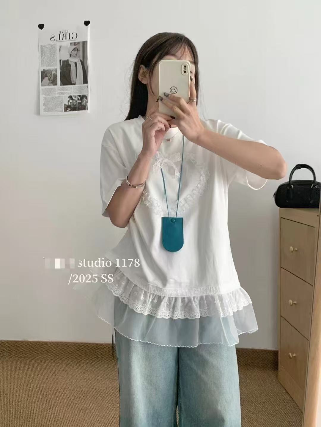 2025 early spring new Korean version loose slim and versatile lace spliced ​​love short-sleeved cotton T-shirt women's top