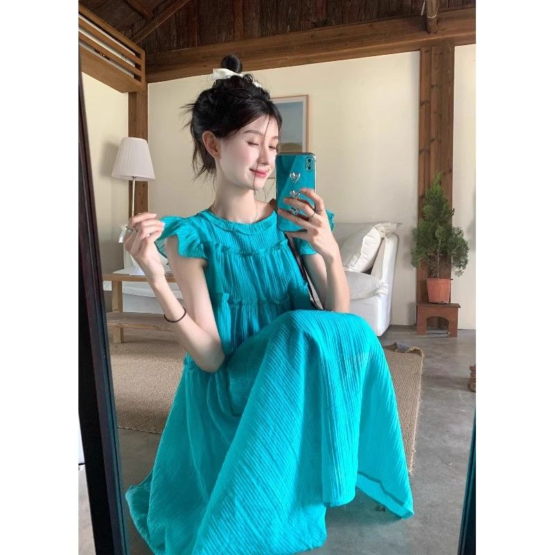 茶歇法式藍色小飛袖連衣裙女夏季高級感多巴胺海邊度假沙灘長裙子