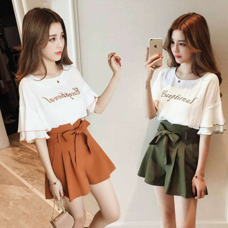 2025 Spring New Fashion Fashion Set for Female Student Short Top with Wide Leg Shorts Hong Kong Style Two-Piece Set
