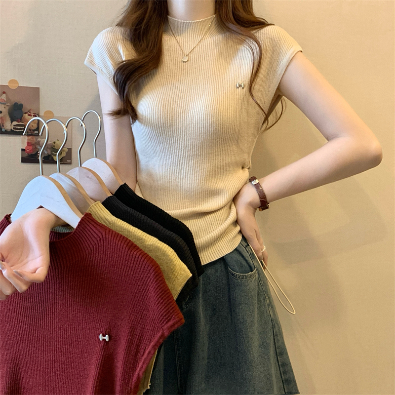 Real shot, new Korean style design, half turtleneck waist drawstring short-sleeved knitted sweater