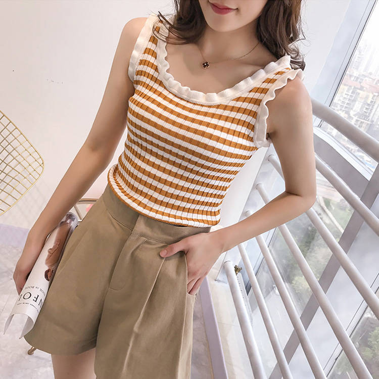 2025韓版新款小甜美清新條紋木耳袖打底吊帶背心女外穿針織衫學生