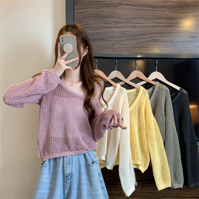 Real shot, new Korean style design, hollow sunscreen long-sleeved knitted sweater