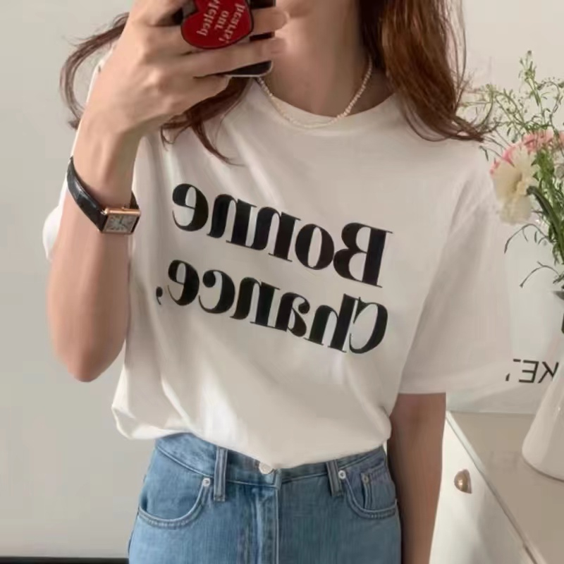 Korean chic summer simple and versatile round neck contrasting color English letter printing loose casual pullover short-sleeved T-shirt