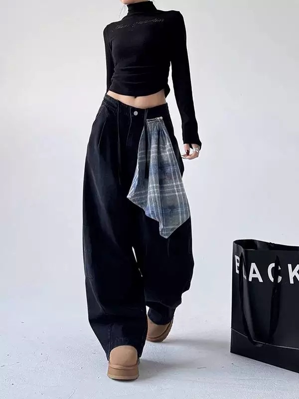 2025 summer new American retro removable square scarf black wide-leg jeans women's loose straight floor pants