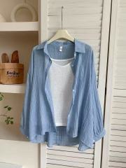 Slack and wrinkle texture ice silk linen cotton sunscreen shirt for women in summer thin vacation lazy air conditioning top