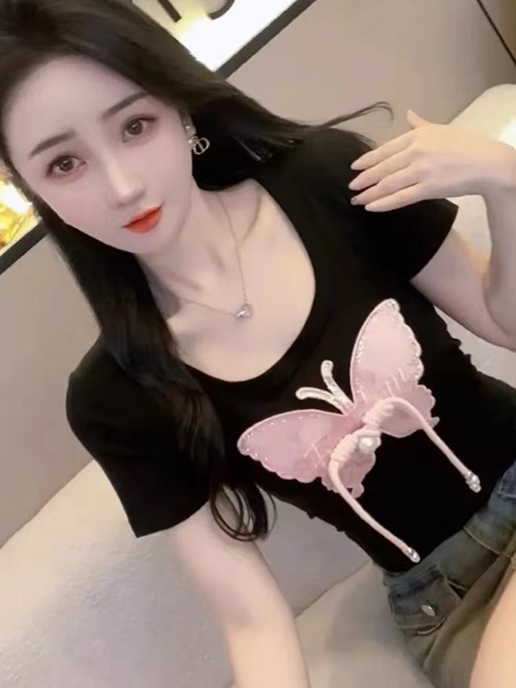 歐貨時尚亮片蝴蝶盤扣方領短袖t恤女2025春季新款潮流小眾上衣