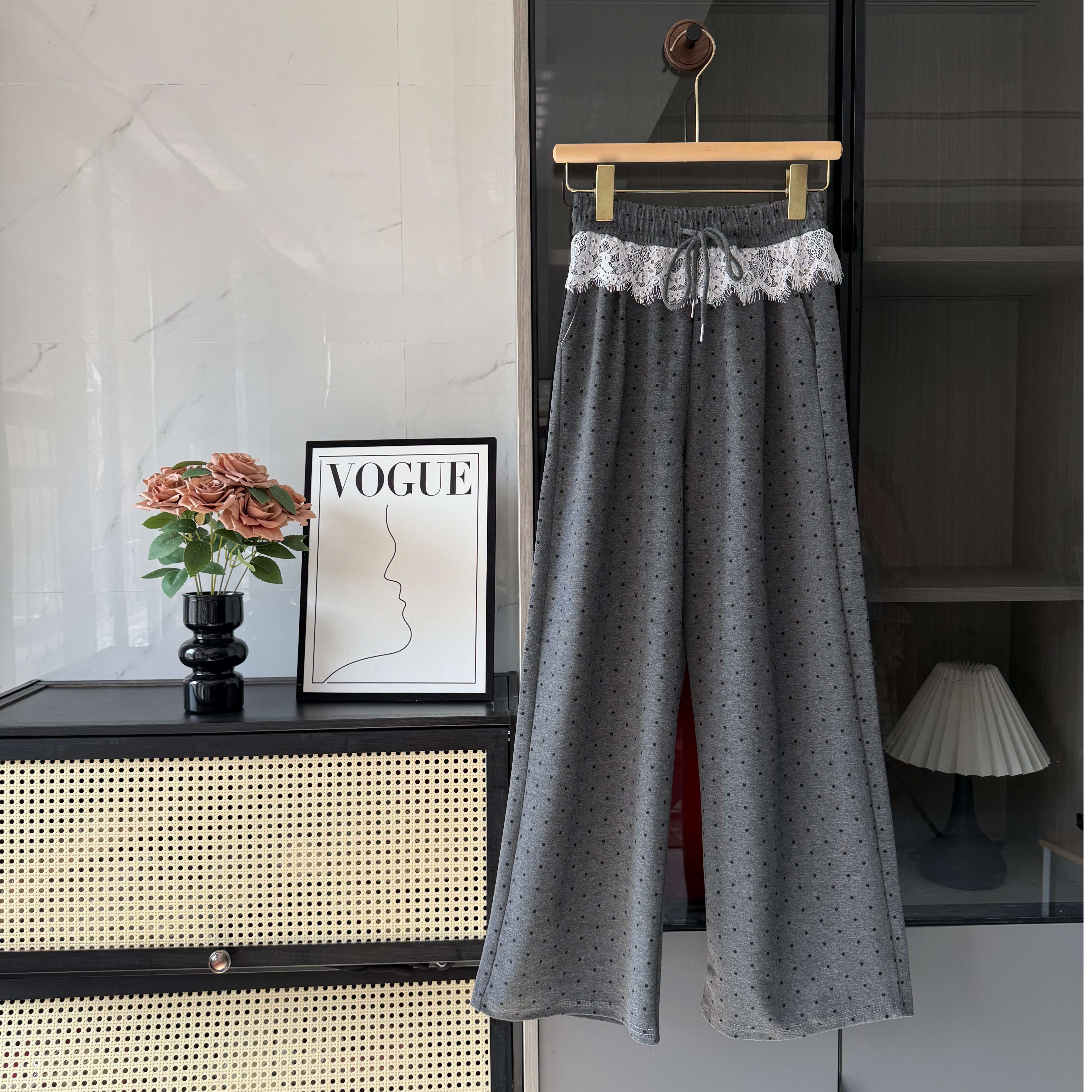 2025 Spring New Casual Straight Leg Pants for Women with 3D Embroidery Lace Ruffles Polka Dots High Waist Lazy Style 