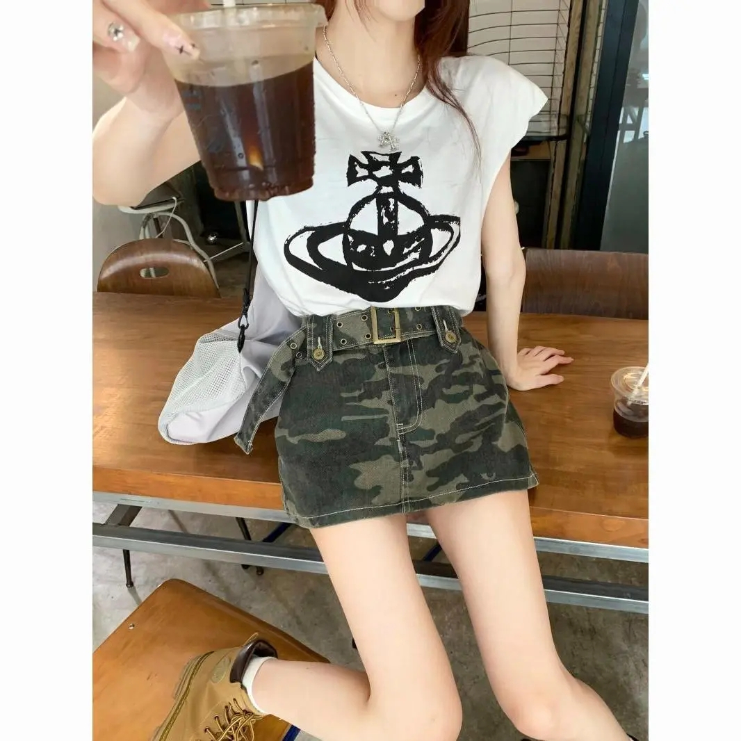 配腰帶 迷彩牛仔半身裙女夏季裙褲a字高腰半裙復古短裙包臀裙子潮