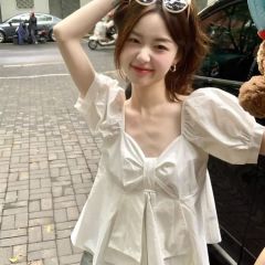 學生泡泡袖襯衫女短袖夏季韓版寬鬆顯瘦設計感短款方領純色上衣女