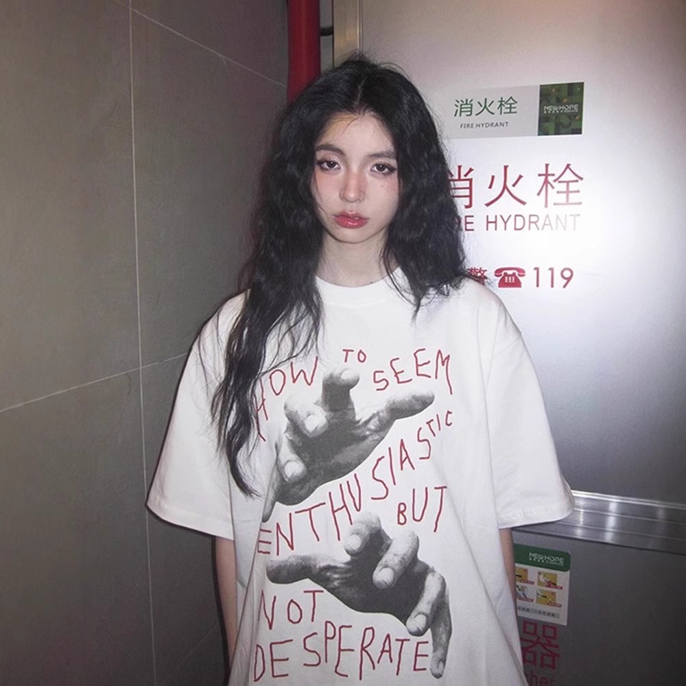 韓國chic純棉後包領2025夏季新款韓版美式印花寬鬆版短袖T恤女潮