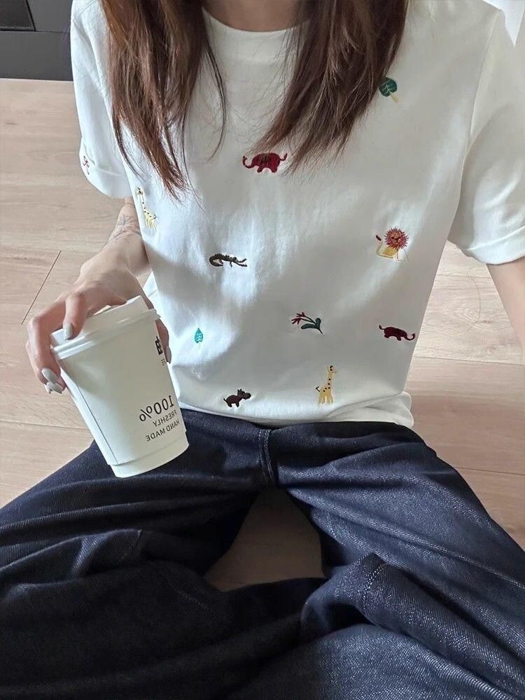 純棉 韓國chic2025夏季新款韓版寬鬆刺繡貼標短袖t恤女百搭上衣潮