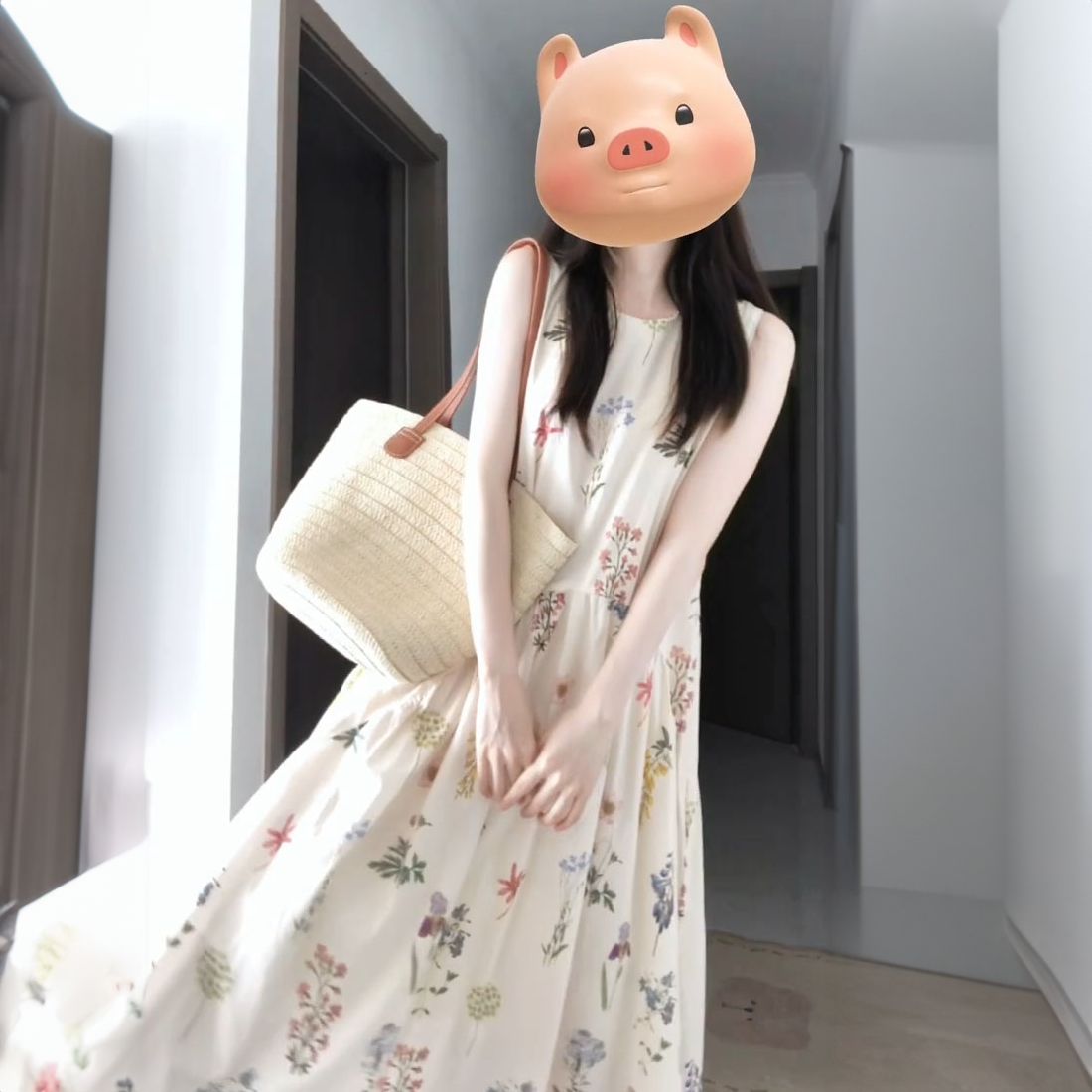 法式茶歇無袖圓領碎花氣質背心連衣裙夏季女學生寬鬆顯瘦度假長裙