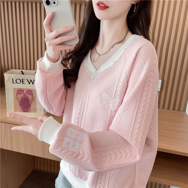 Real shot Korean loose spring and autumn style embroidered lace lace splicing jacquard sweatshirt for women