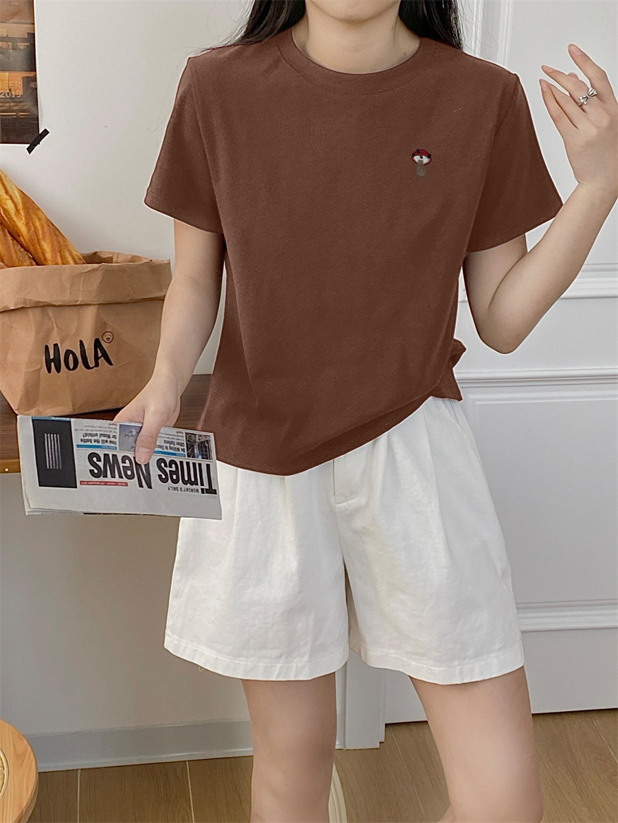 Real shot of new summer women's mushroom embroidered solid color round neck T-shirt versatile slim cotton short-sleeved top
