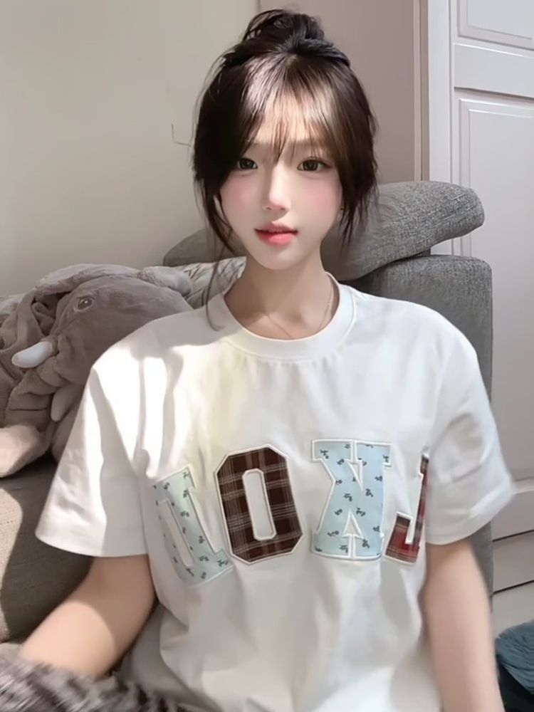韓國chic純棉後包領2025夏季新款韓版美式刺繡寬鬆短袖T恤女潮