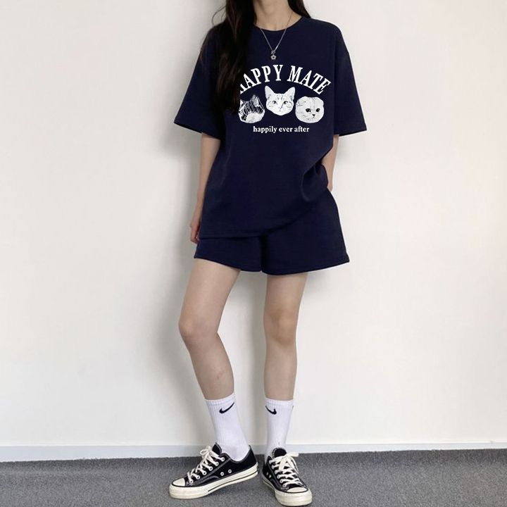 網紅運動服套裝女夏寬鬆休閒減齡短袖短褲時尚鹽系兩件套小個子