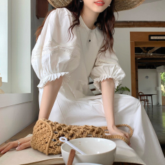 White puff sleeve dress for women in summer new high-end Korean gentle style minimalist long skirt