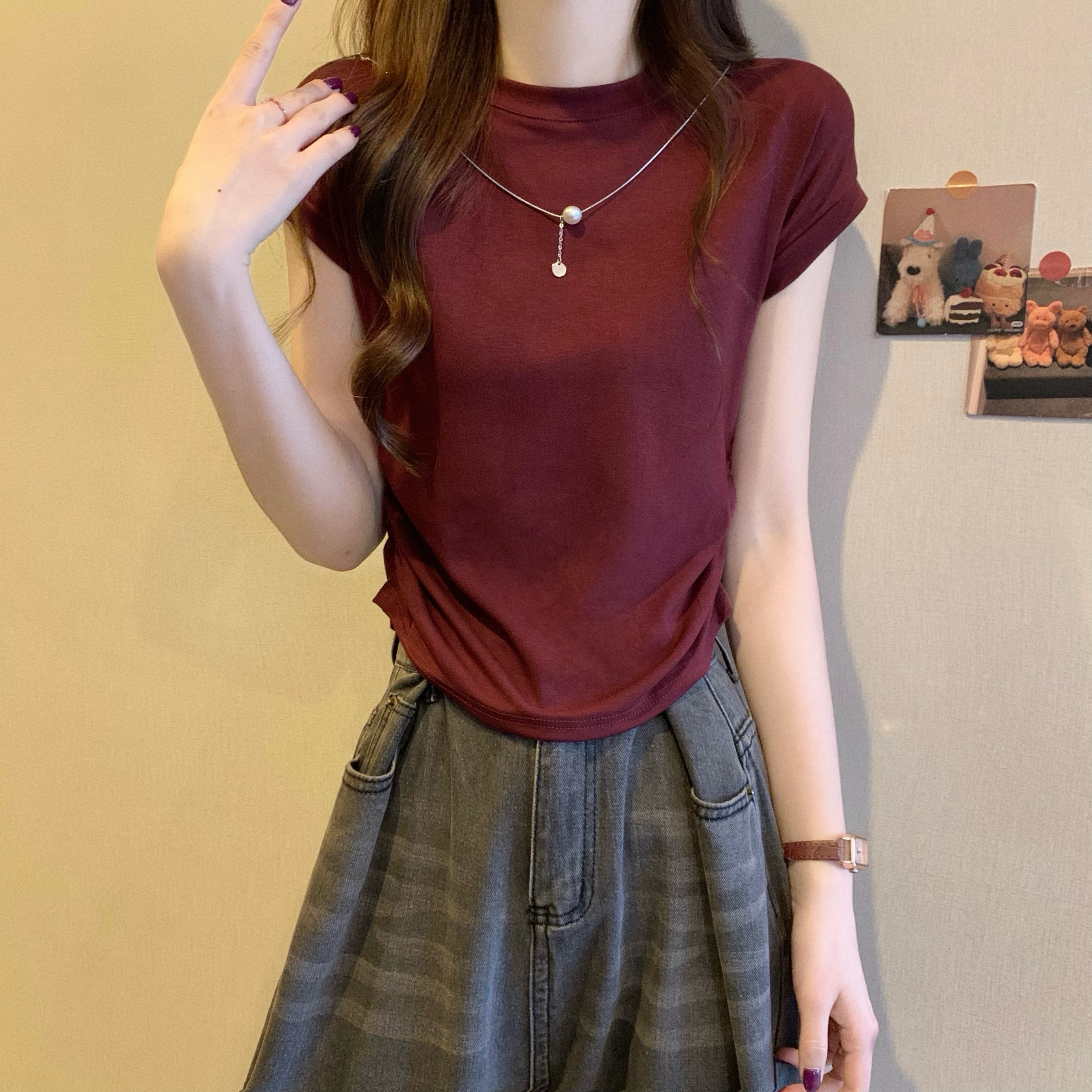 Real shot, new Korean style design, shoulder-length slim short-sleeved T-shirt