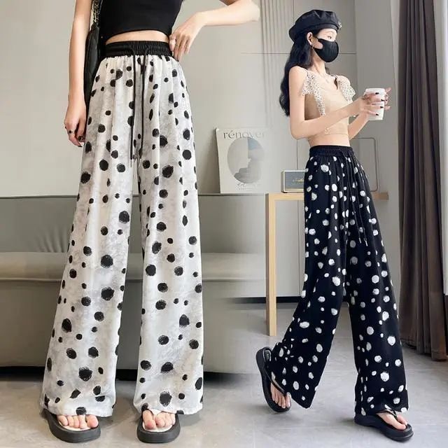 冰絲涼涼闊腿褲子女夏季薄款胖MM大碼防曬涼快垂感水墨波點印花褲