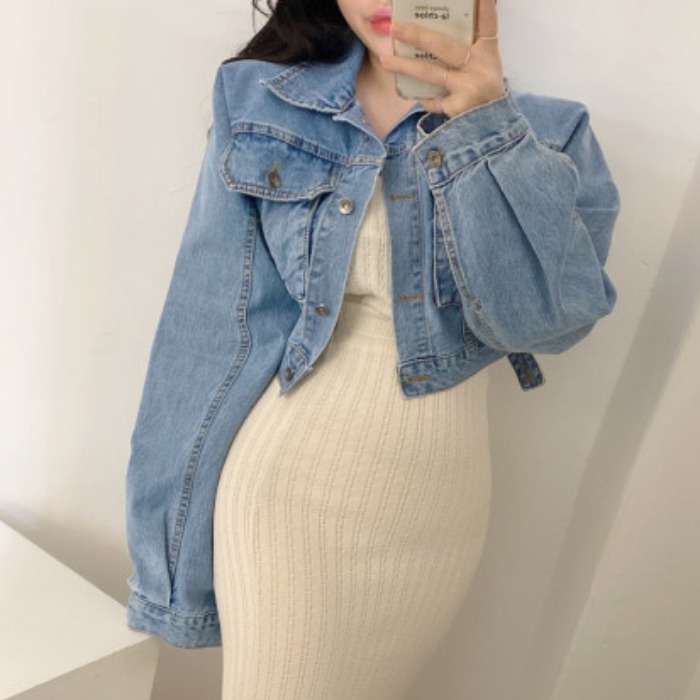 寬鬆落肩翻領短款夾克外套女