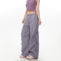 Real photo of dopamine side strap straight casual pants for summer thin women's loose design wide-leg floor pants trendy