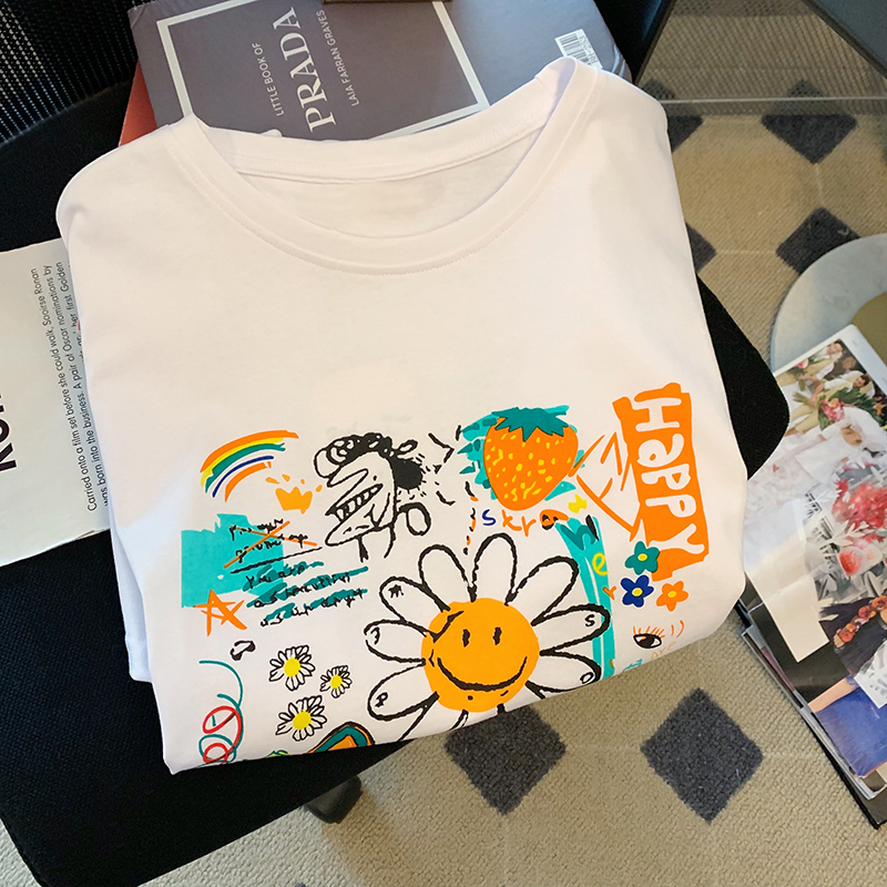 Official picture 2025 spring and summer short-sleeved printed loose women's round neck T-shirt