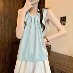 Real shot, new Korean style summer gentle solid color simple suspender doll shirt