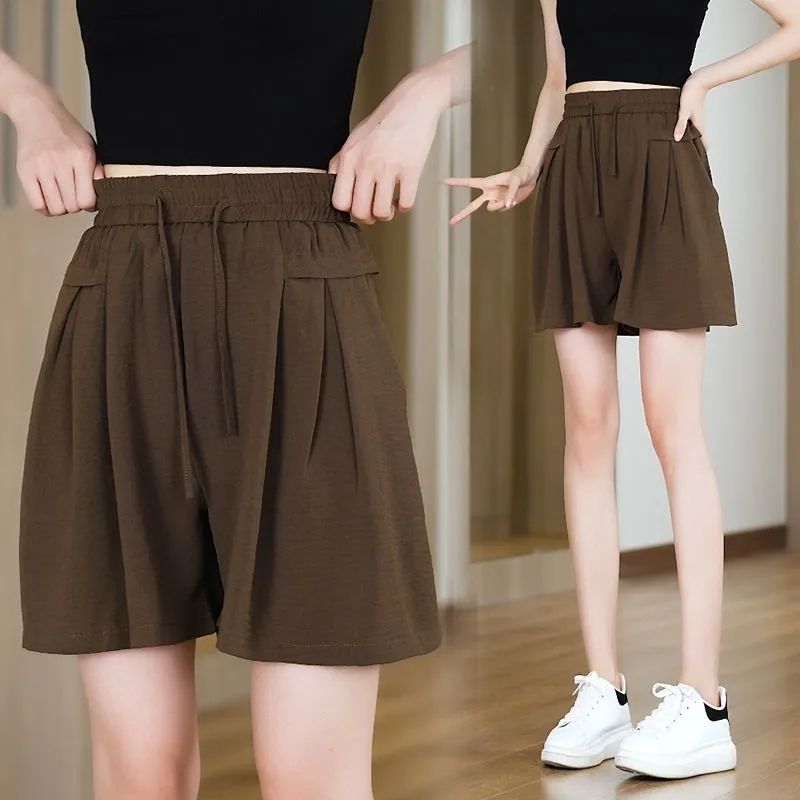 Women's Summer New Short Pants Petite Size Ice Silk Breathable High-Waisted Slimming Wide Leg Sliding Pants Thin Model Casual