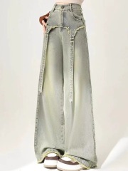 Korean retro streamer straight jeans for women in summer new high-waisted loose wide-leg floor trousers