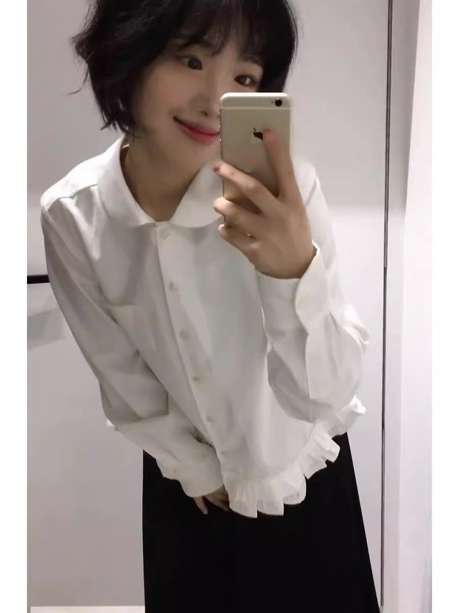 2025 spring and summer sweet niche design feels ruffled irregular small person with slim fit and versatile white shirt