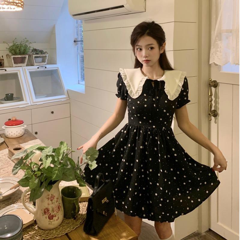First love black little doll collar floral dress for women 2025 summer sweet hot girl French princess skirt