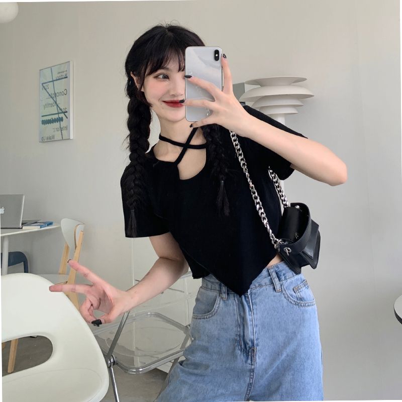 92-person cotton 8 spandex 260g irregular straps versatile short-sleeved T-shirt for women in summer Korean style slimming short top