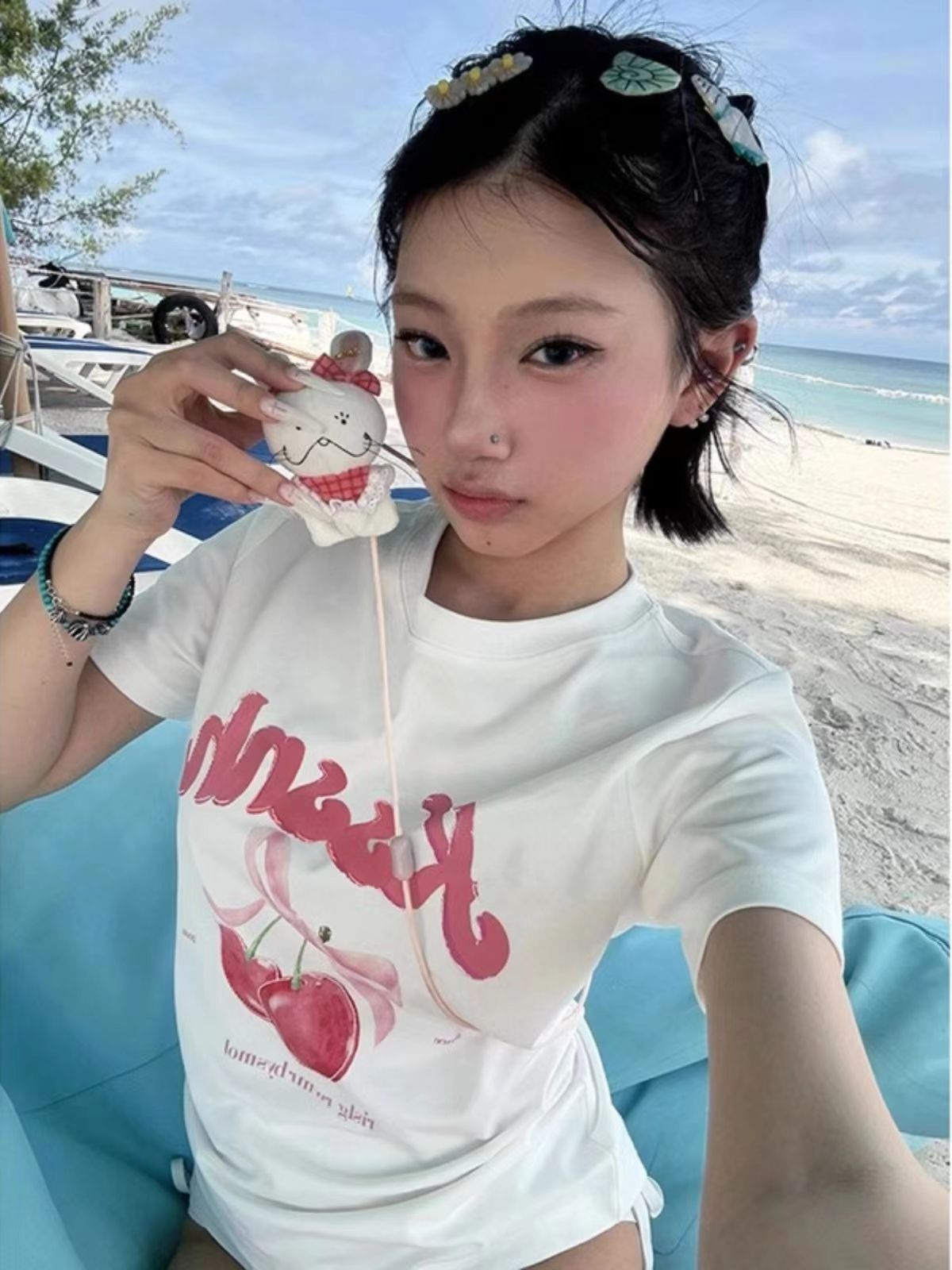 純棉 韓國chic夏季新款韓版修身顯瘦字母印花短袖t恤女百搭上衣潮