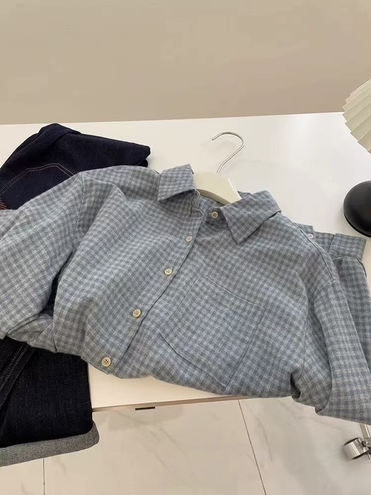 Korean retro blue plaid fur shirt for women 2025 design sense lazy cotton long-sleeved shirt jacket top