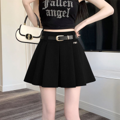 Retro Rocker Girl Pleated Mini Skirt for Kids - 2025 Summer New Arrival High-Waisted Slimming Skirt with Side Slits A-Line Suit Skirt