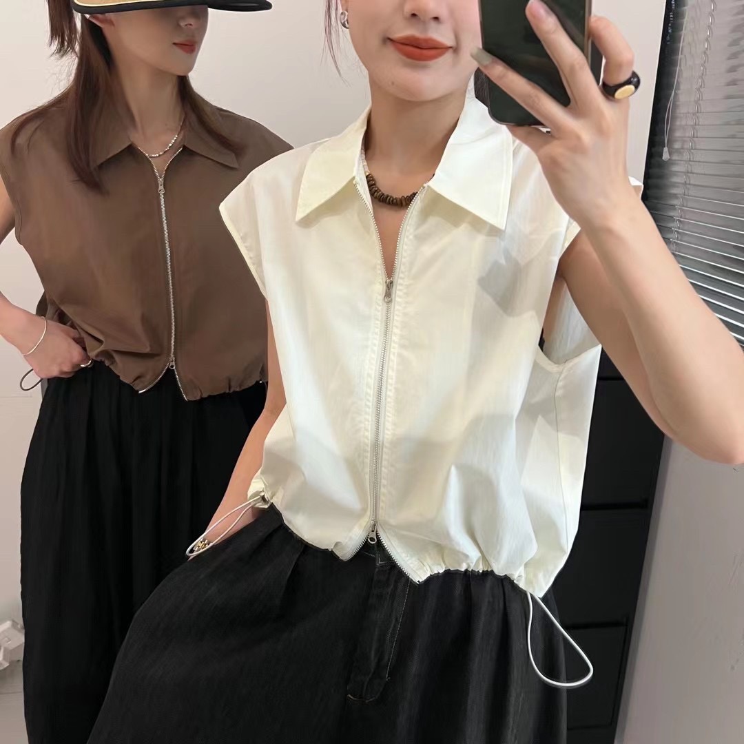 Summer new casual polo collar sleeveless horse clip thin loose zippered vest top for women