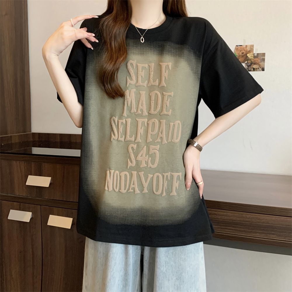 實拍  220g純棉100%綿 夏裝短袖T恤女寬鬆印花發泡