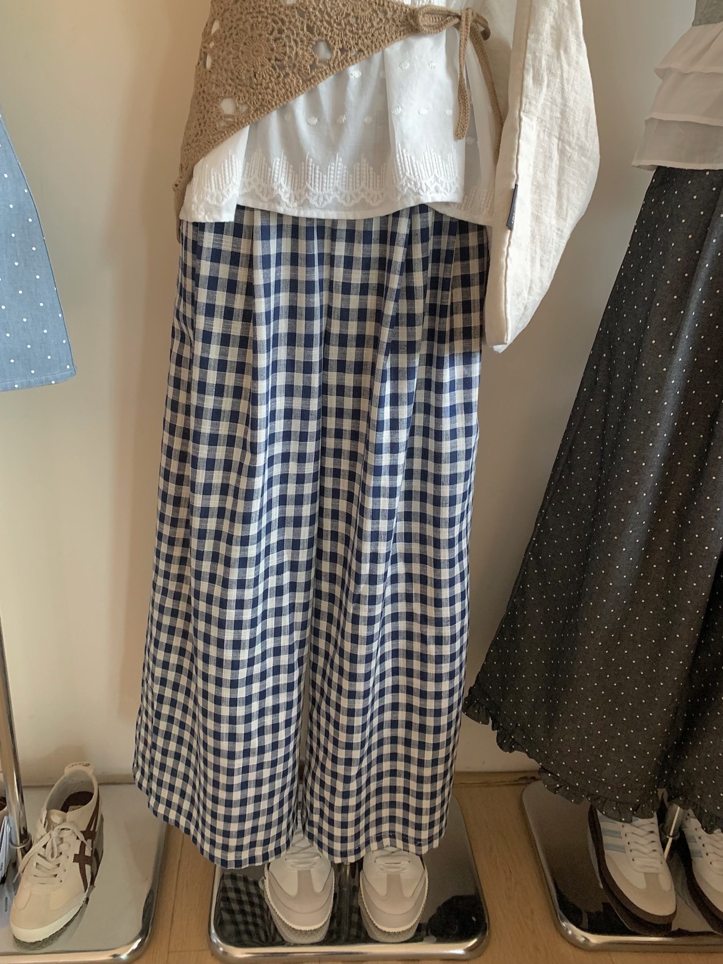 Real shot~ Korean simple elastic waist versatile plaid casual pants small lazy style loose wide-leg pants