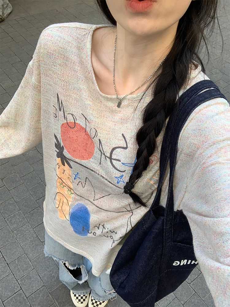 純棉 韓國chic復古塗鴉印花T恤春季新款寬鬆長袖設計感小眾上衣女