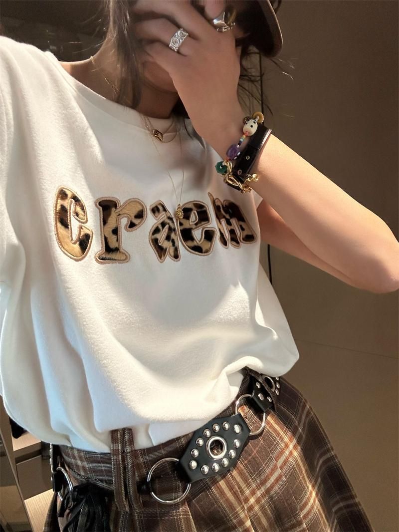 韓國chic純棉後包領2025夏季新款韓版貼絨刺繡寬鬆短袖T恤女潮