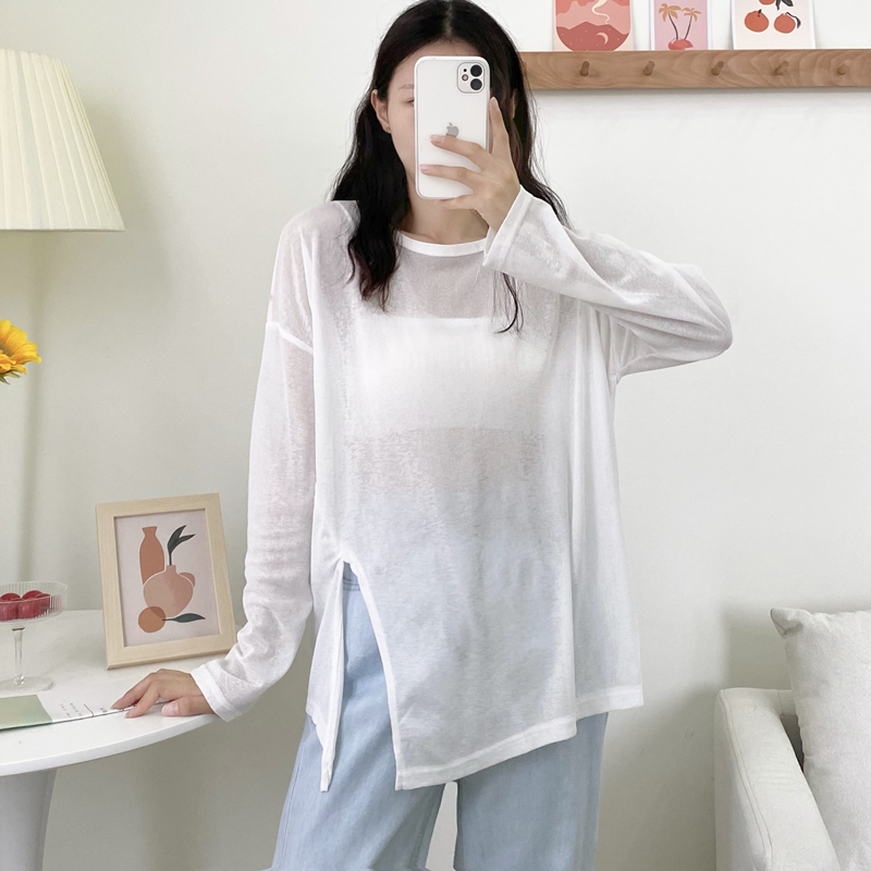 Real shot~Long-sleeved sunscreen clothes for women ins trendy summer Korean style versatile design sense slit loose thin T-shirt