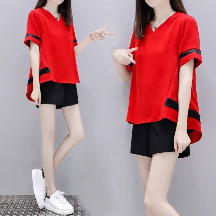 New solid color slim short-sleeved navel short-sleeved T-shirt for women + elastic high waist wide-leg pants casual pants set